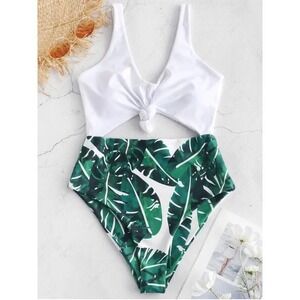 Zaful One Piece Swimsuit Cutout Knot High Waist Palm Leaf White Size‎ 6 / M NWT